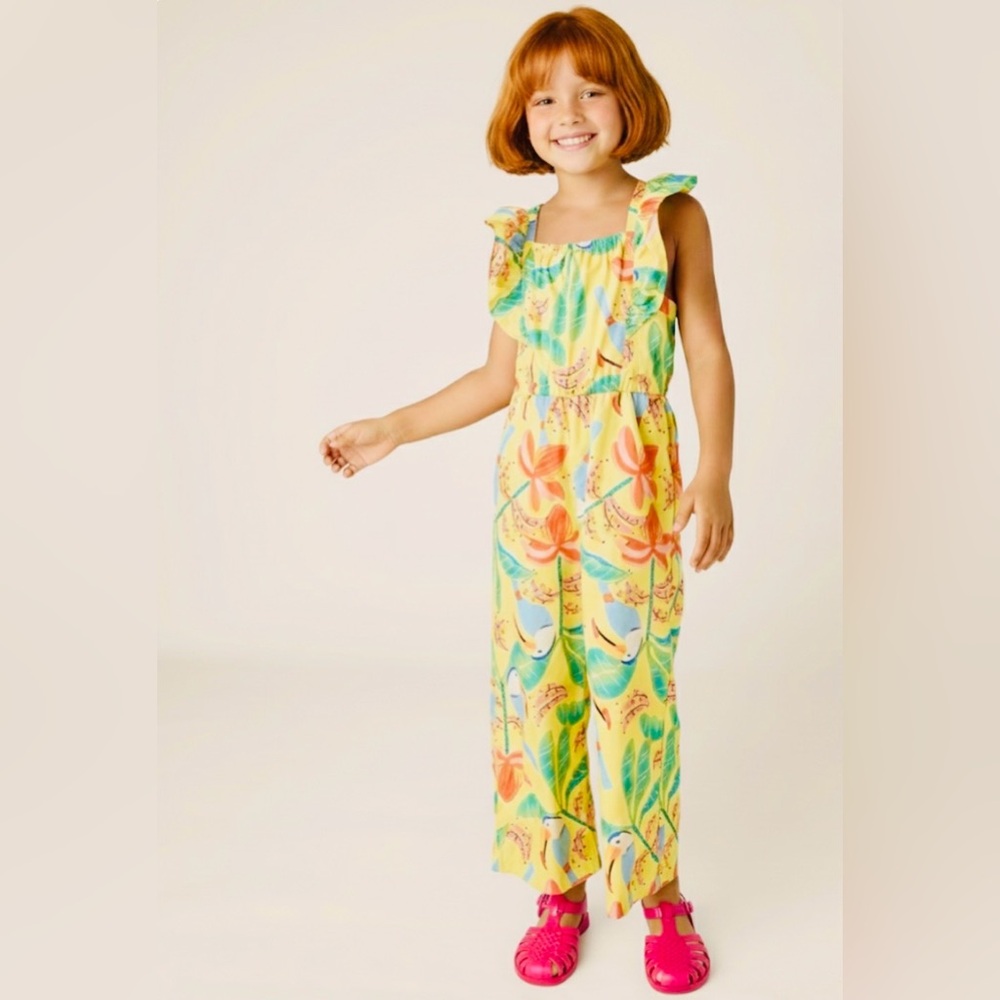tea - NWT girls Flutter strap jumpsuit sleeveless cotton toucan banana tree SZ 3